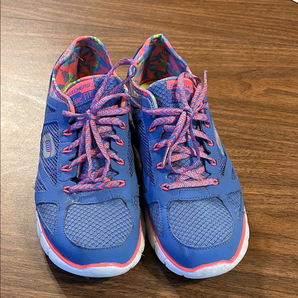 Skechers Women's Blue Athletic Sneakers with Pink Accents
